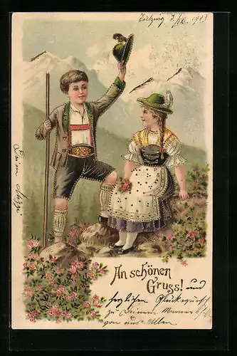 Präge-Lithographie Junge und Mädchen in Trachten, Bergsteigen