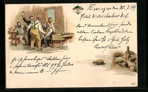 Lithographie Männer beim Kegeln