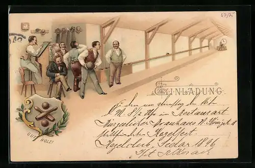 Lithographie Männerrunde beim Kegeln