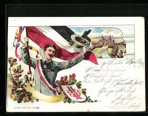 Lithographie Turner mit Fahne winkt mit seinem Hut