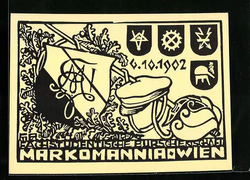 AK Wien, Wappen der Burschenschaft Markomannia mit Studentenmütze und Degen