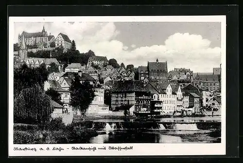 AK Marburg a. d. Lahn, Stadtansicht mit Wasserfall