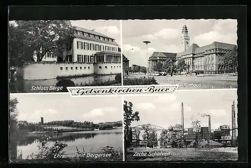 AK Gelsenkirchen-Buer, Schloss Berge, Rathaus, Ehrenmal mit Bergersee, Zeche Scholven