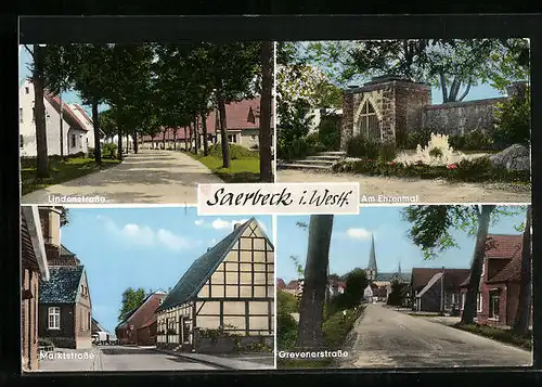 AK Saerbeck i. Westf., Lindenstrasse, Am Ehrenmal, Grevenerstrasse, Marktstrasse