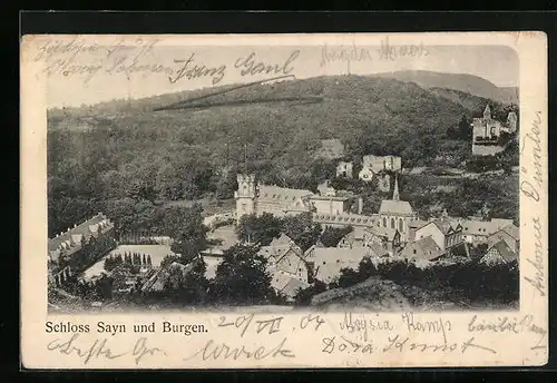 AK Sayn, Ortsansicht mit Schloss und Burgen