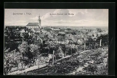 AK Schkölen i. Th., Gesamtansicht mit Kirche