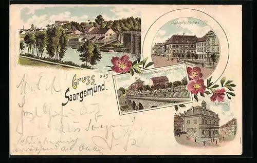 Lithographie Saargemünd, Postamt und Neubrückenstrasse, Landgerichtsplatz, Flusspartie
