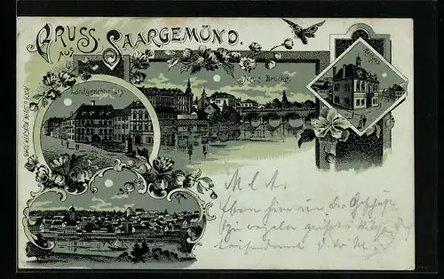 Mondschein-Lithographie Saargemünd, Neue Brücke, Panorama, Rathhaus