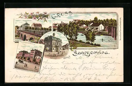 Lithographie Saargemünd, Postamt und Neubrückenstrasse, Teilansicht mit Brücke