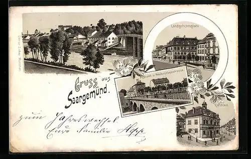 Lithographie Saargemünd, Landgerichtsplatz, Teilansicht mit Brücke