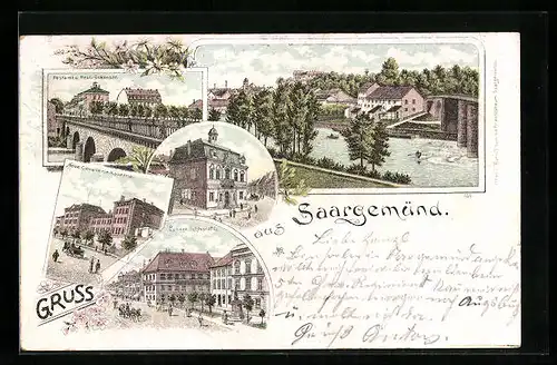 Lithographie Saargemünd, Landgerichtsplatz, Teilansicht mit Brücke, Cavalleriekaserne