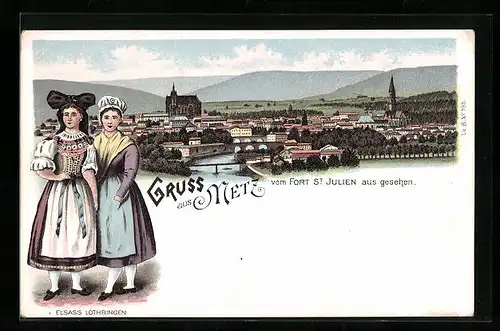 Lithographie Metz, Ortsansicht vom Fort St. Julien aus, Trachten Elsass-Lothringen