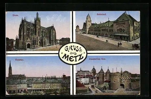 AK Metz, Bahnhof, Dom, Deutsches Tor aus der Vogelschau