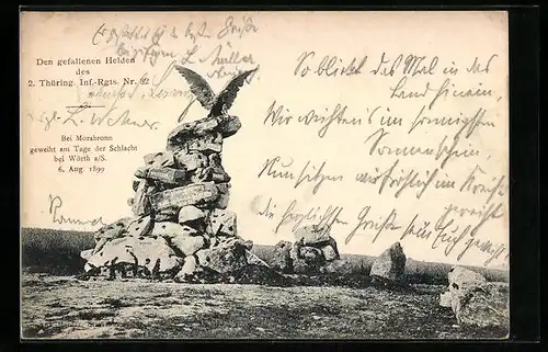 AK Morsbronn, Denkmal der gefallenen Helden des 2. Thüring. Inf.-Rgts. Nr. 32, Schlacht bei Wörth 1899