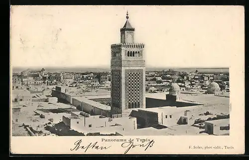 AK Tunis, Panorama der Stadt, Minarett