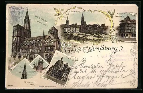 Lithographie Strassburg, Das Münster Seitenansicht, Kleber-Platz, Altes Haus am Münsterplatz