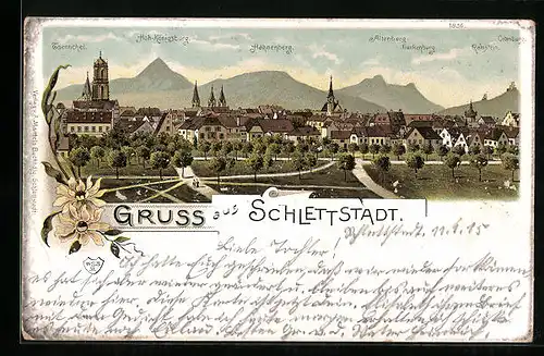 Lithographie Schlettstadt, Teilansicht mit Hoh-Königsburg, Hahnenberg und Ramstein