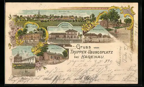 Lithographie Hagenau, Truppen-Übungsplatz, Gasthäuser, Lager-Kantine, Pavillon