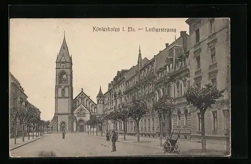 AK Strassburg-Königshofen i. Els., Lotharstrasse mit Kirche