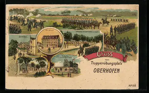 Künstler-AK Oberhofen, Truppenübungsplatz, Hotel Hirsch, Restaurant Zum Hohenzollern, Baracken