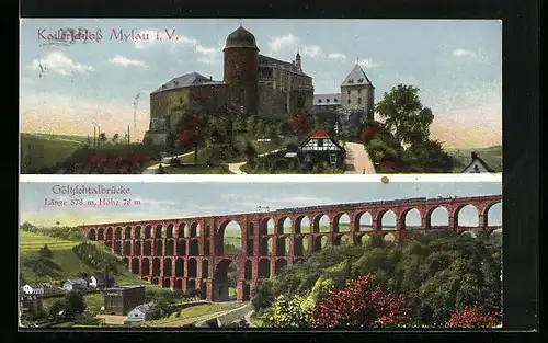 AK Mylau i. V., Kaiserschloss mit Göltzschtalbrücke