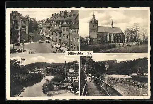 AK Mittweida i. Sa., Kirche, Uferpartie, Strassenpartie