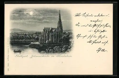 AK Stuttgart, Johanneskirche im Mondschein