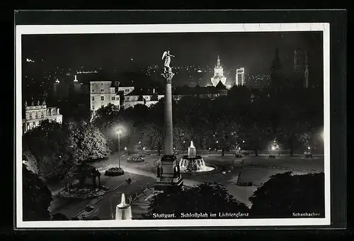 AK Stuttgart, Schlossplatz mit Denkmal im Lichterglanz