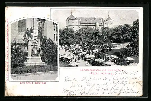 AK Stuttgart, Dorotheenstrasse und altes Schloss, Karl Gerok-Denkmal