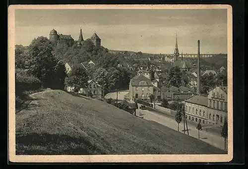 AK Mylau, Blick von Osten, Kaiserschloss, Göltzschtalbrücke