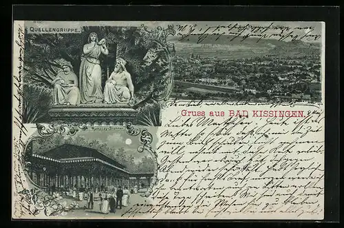 Mondschein-Lithographie Bad Kissingen, Ortsansicht, Quellengruppe, Rakoczy-Brunnen
