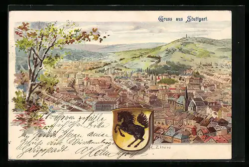 Lithographie Stuttgart, Ortsansicht aus der Vogelschau, Wappen