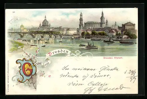 Lithographie Dresden, Uferpartie mit Dresdener Altstadt