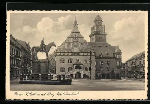 AK Plauen i. V., Rathaus mit Pelzwarengeschäft und König-Albert-Denkmal