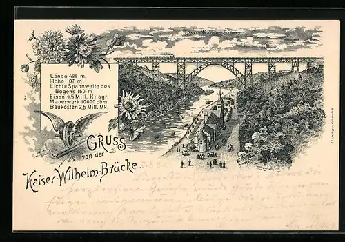 Lithographie Müngsten, Kaiser-Wilhelm-Brücke mit Eisenbahn