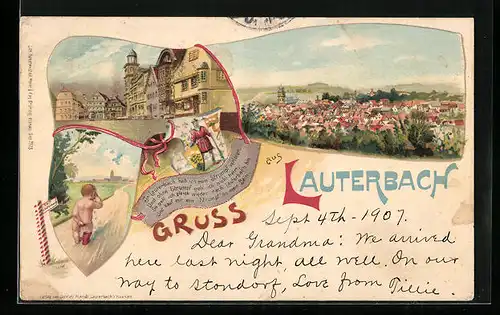 Lithographie Lauterbach, Totalansicht, Ortspartie, Weinender Bub hat seinen Strumpf verloren