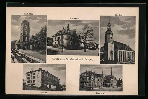 AK Schönheide i. Erzgeb., Kirche, Kuhberg, Rathaus