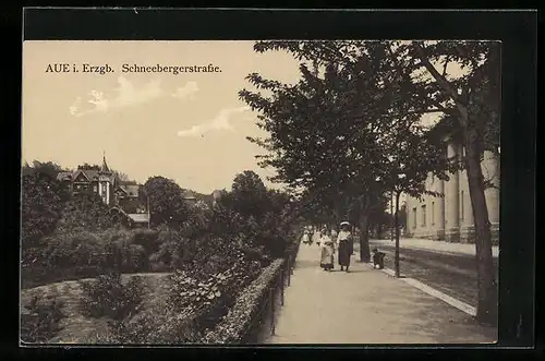 AK Aue i. Erzgb., Schneebergerstrasse mit Passanten