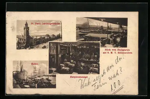 AK Hamburg-St. Pauli, Inneres Landungsbrücken-Restaurant, Blick vom Dachgarten auf S. M. Y. Hohenzollern, Hafen