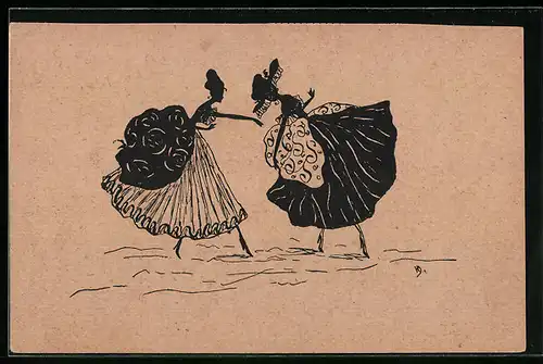 AK Zwei schöne Frauen beim Tanzen, Scherenschnitt