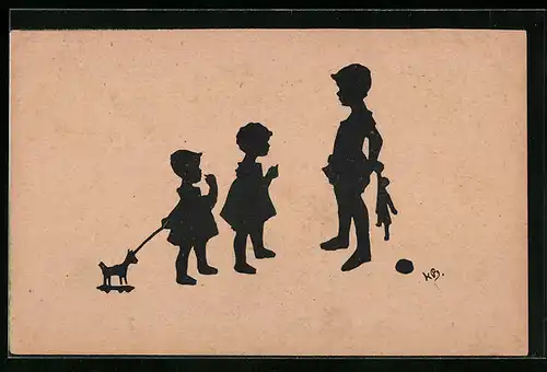 AK Drei Kinder mit Spielzeug, Scherenschnitt