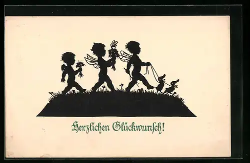 AK Herzlichen Glückwunsch!, Engel mit Enten und Blumensträussen, Scherenschnitt