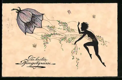 AK Die besten Pfingstgrüsse, nacktes Fräulein in den Blüten einer Blume, Scherenschnitt