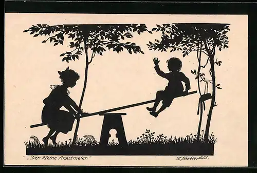 Künstler-AK Der kleine Angstmeier, Kinder auf einer Wippe, Scherenschnitt