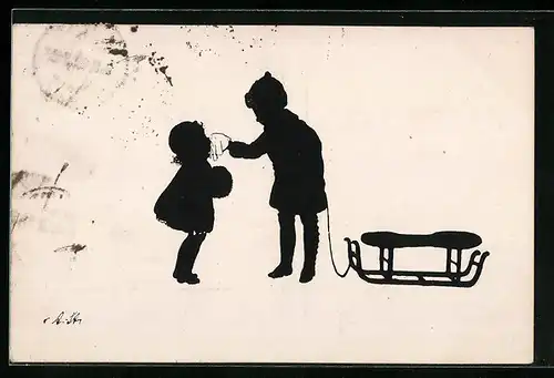 Künstler-AK Zwei Kinder mit einem Schlitten, Scherenschnitt