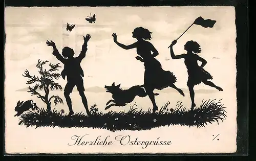 AK Herzliche Ostergrüsse, Kinder spielen mit Hund und Schmetterlingen auf einer Blumenwiese, Scherenschnitt