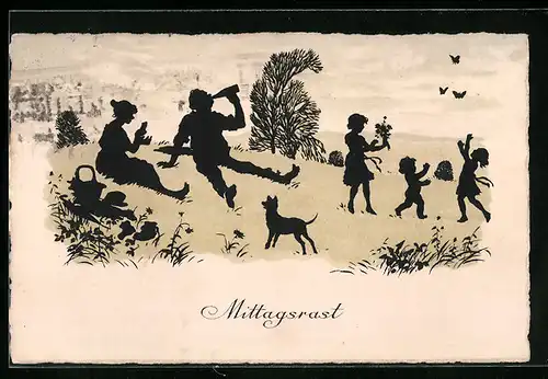 AK Mittagsrast einer Familie auf der Blumenwiese, Scherenschnitt