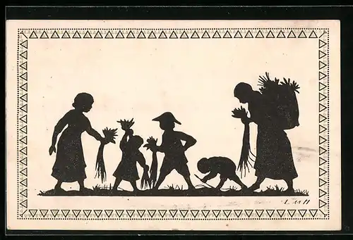 Künstler-AK Familie pflückt Blumen beim Spaziergang, Scherenschnitt