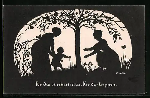 Künstler-AK Mutter nimmt ihr Kind in die Arme, Für die zürcherischen Kinderkrippen, Scherenschnitt