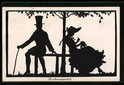 AK Annäherungsversuch, Liebespaar schüchtern auf einer Bank sitzend